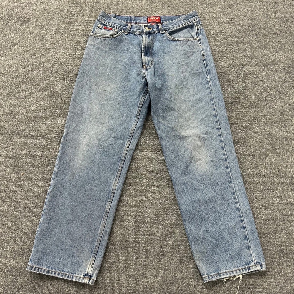 Chaps Jeans Mens Size 31x28 Blue Light Wash Straight Leg Cotton Denim Frayed Hem